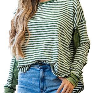 Women's Green Stripe Thermal Knit Drop Shoulder Casual Top - Perfect for Fall - Main View