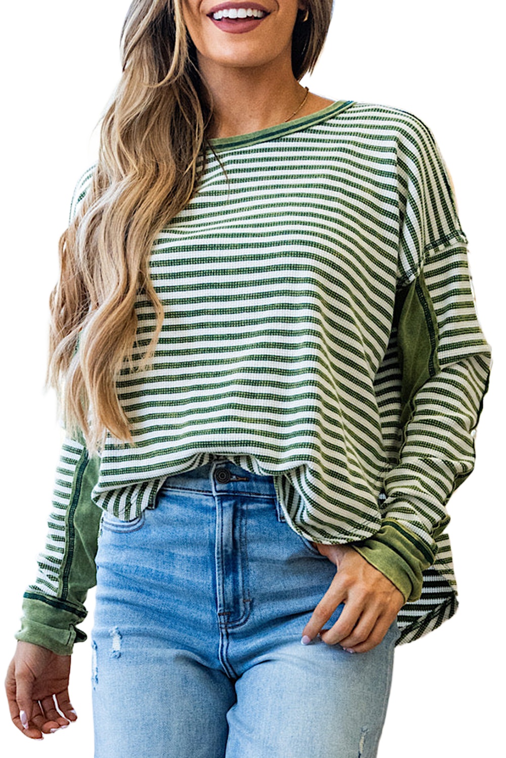 Women's Green Stripe Thermal Knit Drop Shoulder Casual Top - Perfect for Fall - Main View