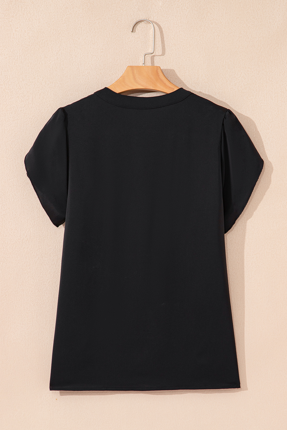Women's Blouse, Black Silky Blouse, Petal Sleeve, Notched Neckline, V Neck, Casual Style, Daily Wear, Short Sleeve, Modern Fashion, Summer Top, Solid Pattern, Comfortable Fit - Detail View 8