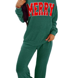 Women's Dark Green MERRY Corded Long Sleeve Top & Pocket Pants Set for Cozy Christmas Days