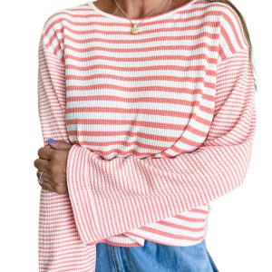 Women's Pink Stripe Textured Long Sleeve Top - Casual Round Neck Design - Main View