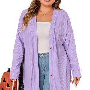 Women's Orchid Petal Plus Size Waffle Knit Cardigan – Cozy Button Front for Casual Autumn Days - Main View