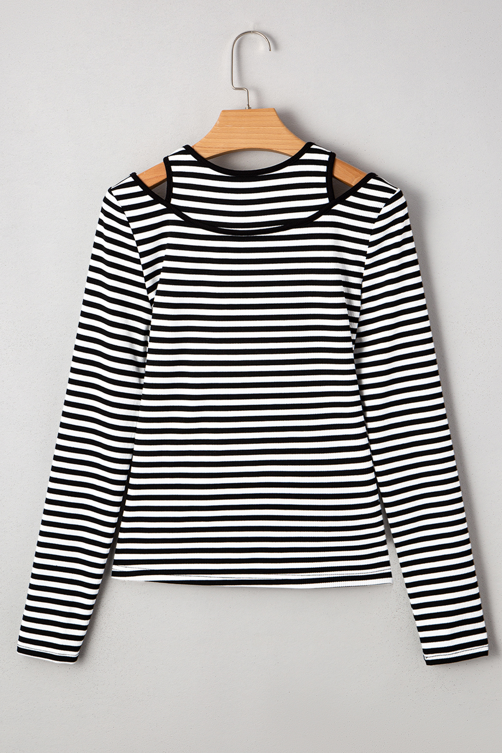 Women's Black Stripe Double-Layer Cold Shoulder Long Sleeve Top - Detail View 9