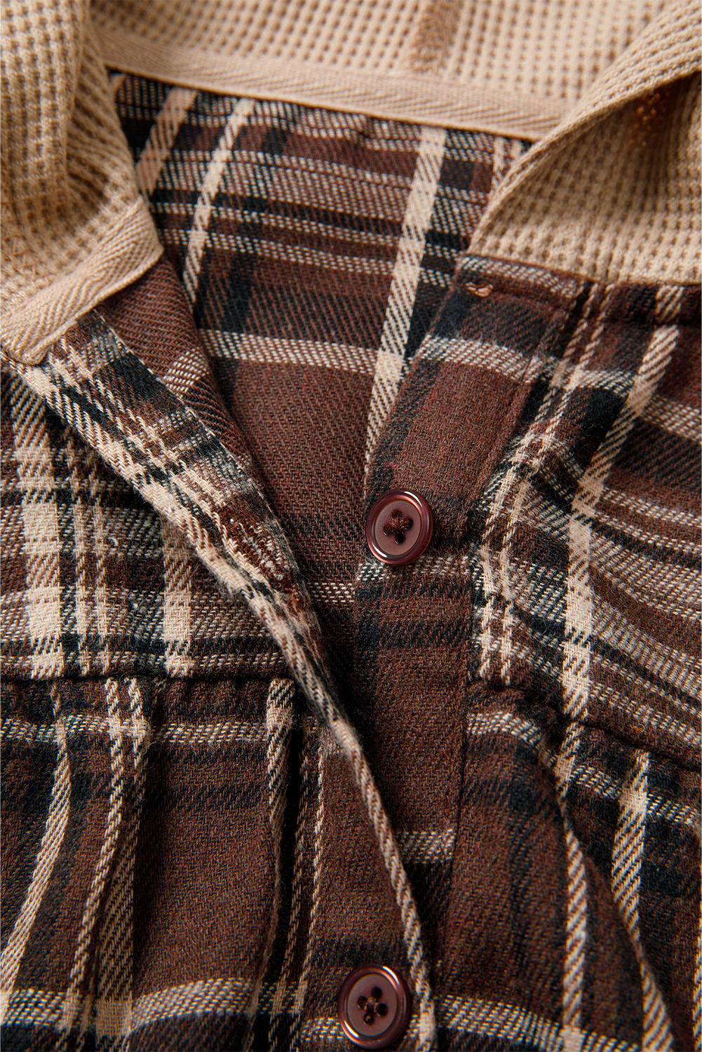 Women's Brown Plaid Patchwork Long Sleeve Hooded Blouse for Casual Wear - Detail View 9