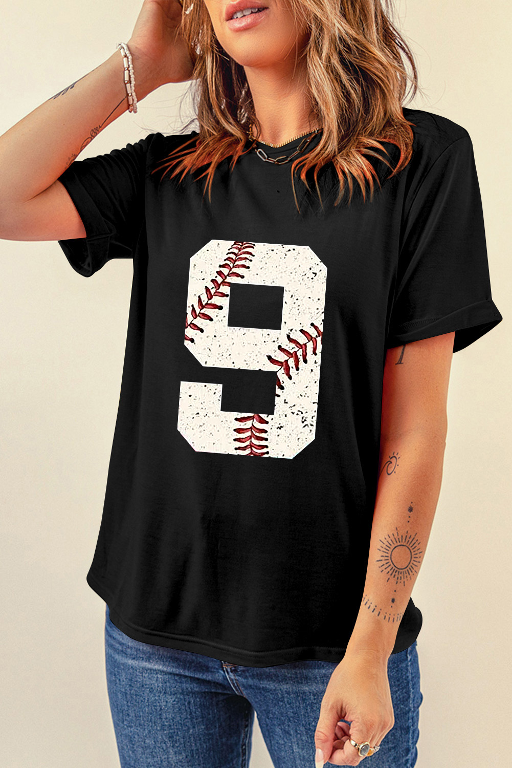 Men's Oversized Black Distressed Baseball Pattern Tee - Number 9 - Detail View 5