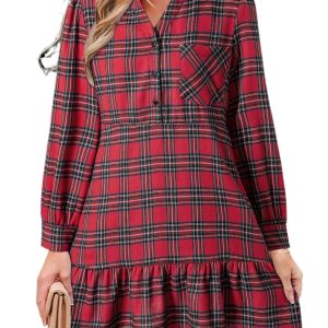 Women's Red Plaid Mini Dress – Casual Long Sleeve Shift Dress with Ruffle Hem for Daily Wear - Main View
