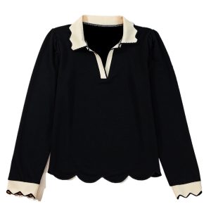 Women's Black Scallop Trim Color Block Long Sleeve Collared Top for Casual Daily Wear - Main View