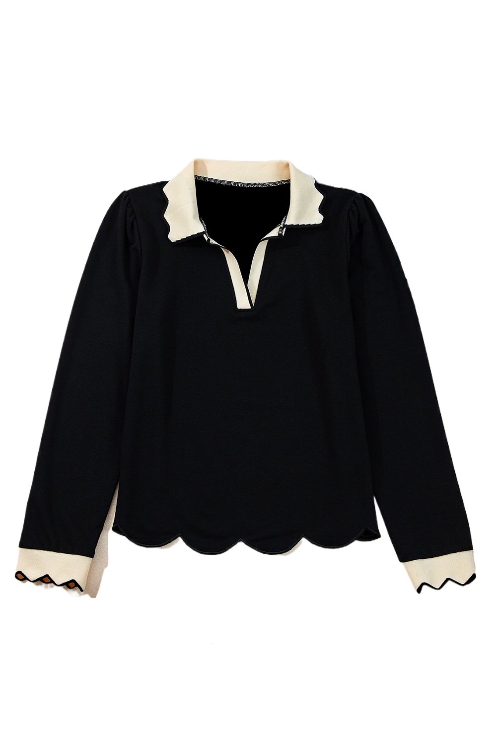 Women's Black Scallop Trim Color Block Long Sleeve Collared Top for Casual Daily Wear - Main View