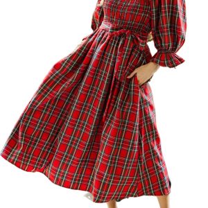 Women's Red Plaid Square Neck Midi Dress for Daily Wear