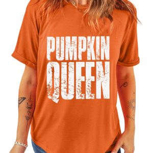 Women's Orange Pumpkin Queen Graphic Crew Neck Tee for Halloween - Main View