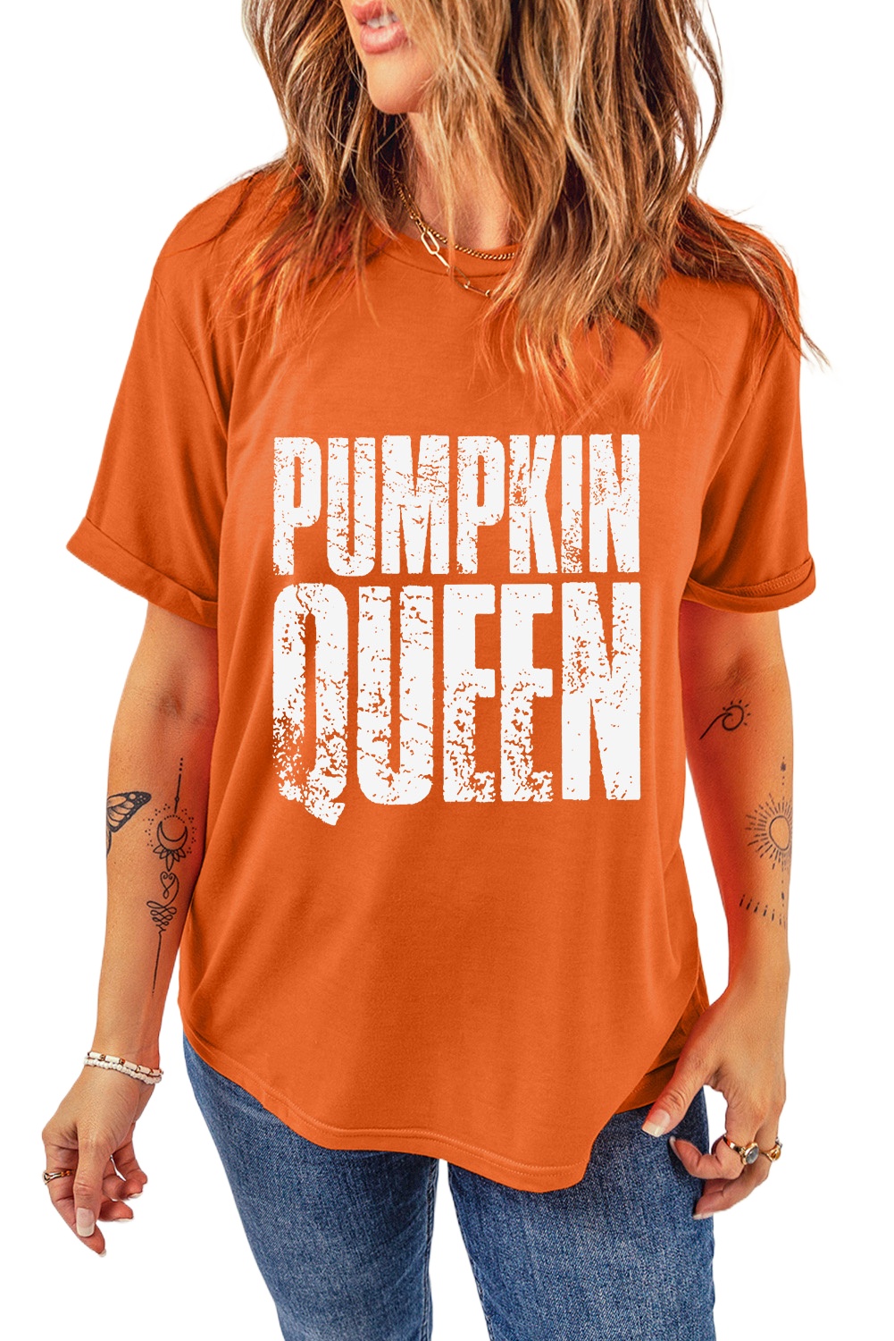 Women's Orange Pumpkin Queen Graphic Crew Neck Tee for Halloween - Main View