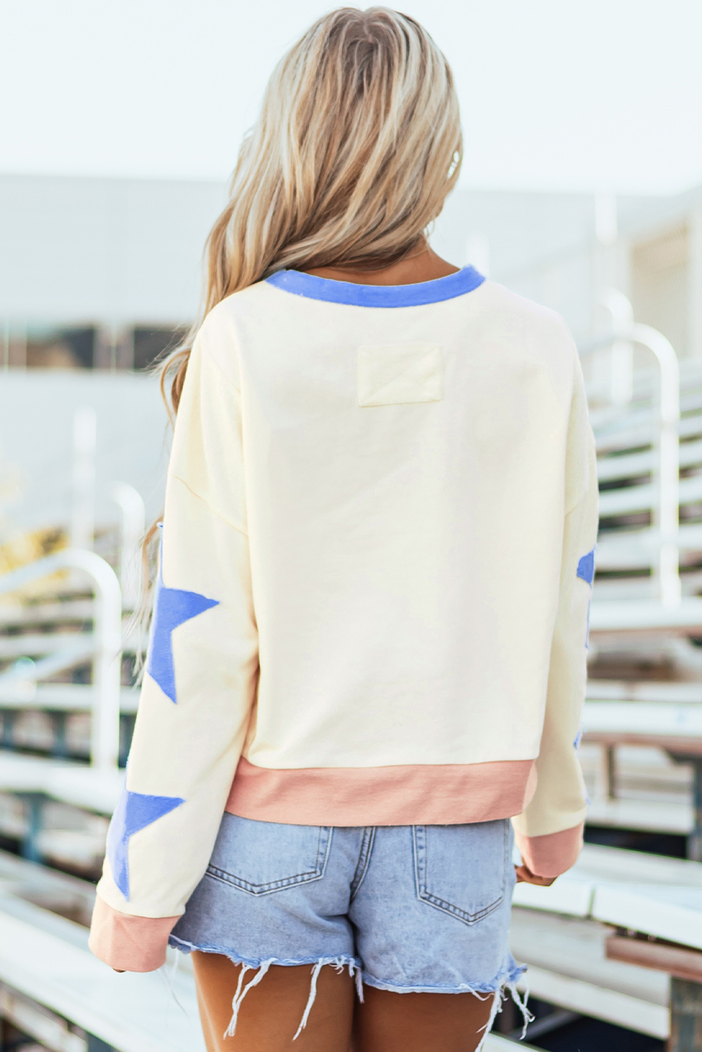 Fashionable Slightly Cropped Graphic Sweatshirt - Color Block & Sequin Patchwork - Detail View 3