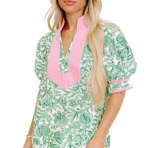 Women's Green Leaves Pattern Color Block V Neck Puff Sleeve Blouse - Elegant Summer Top - Main View