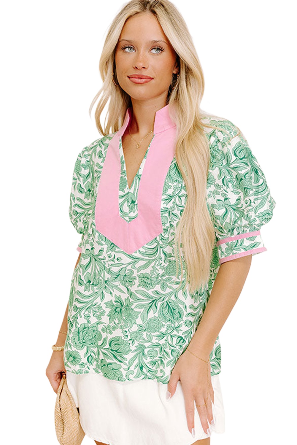 Women's Green Leaves Pattern Color Block V Neck Puff Sleeve Blouse - Elegant Summer Top - Main View