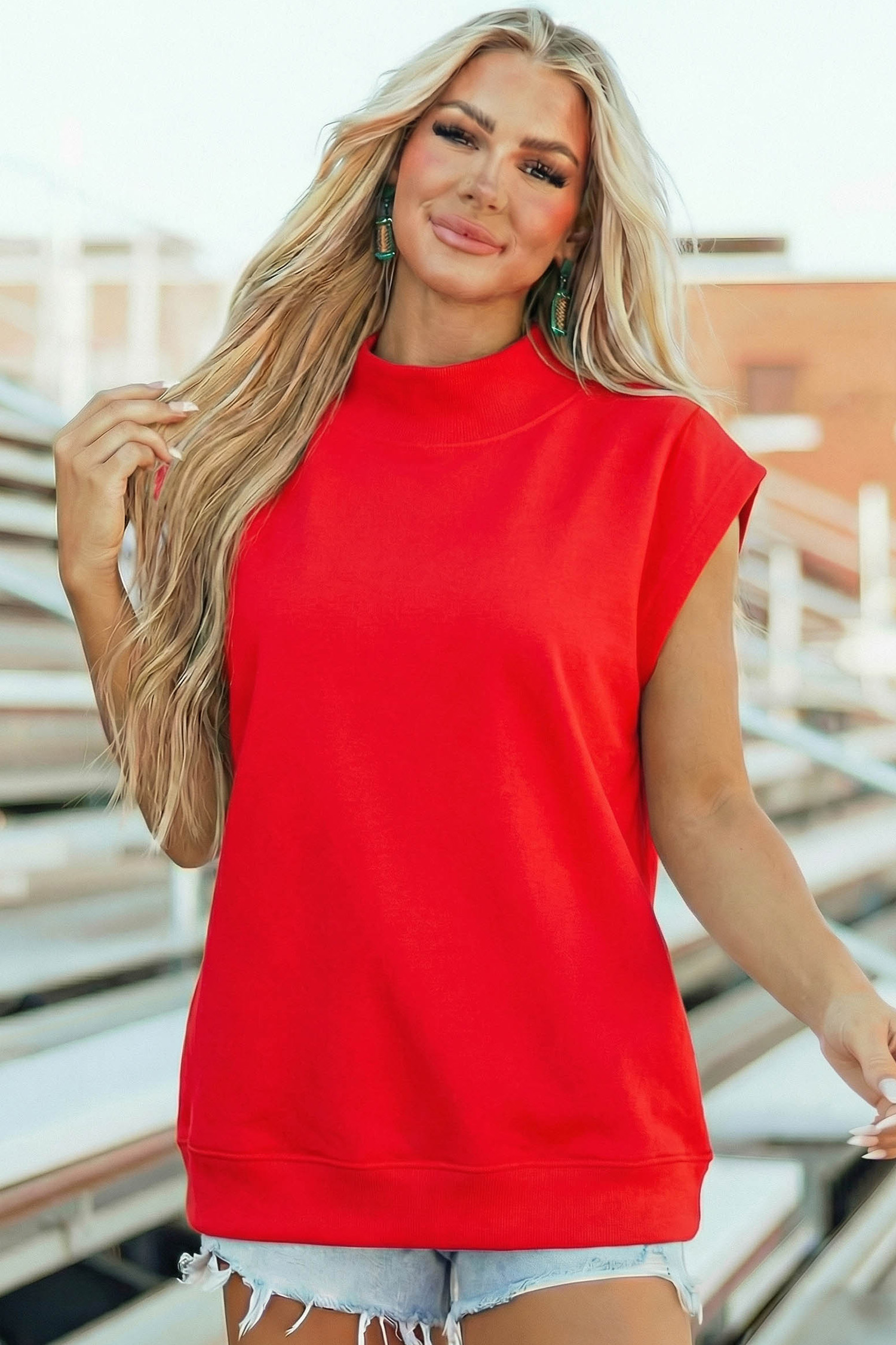 Women's Mock Neck Short Sleeve Loose Top – Racing Red Casual Shift Tee for Daily Wear - Detail View 5