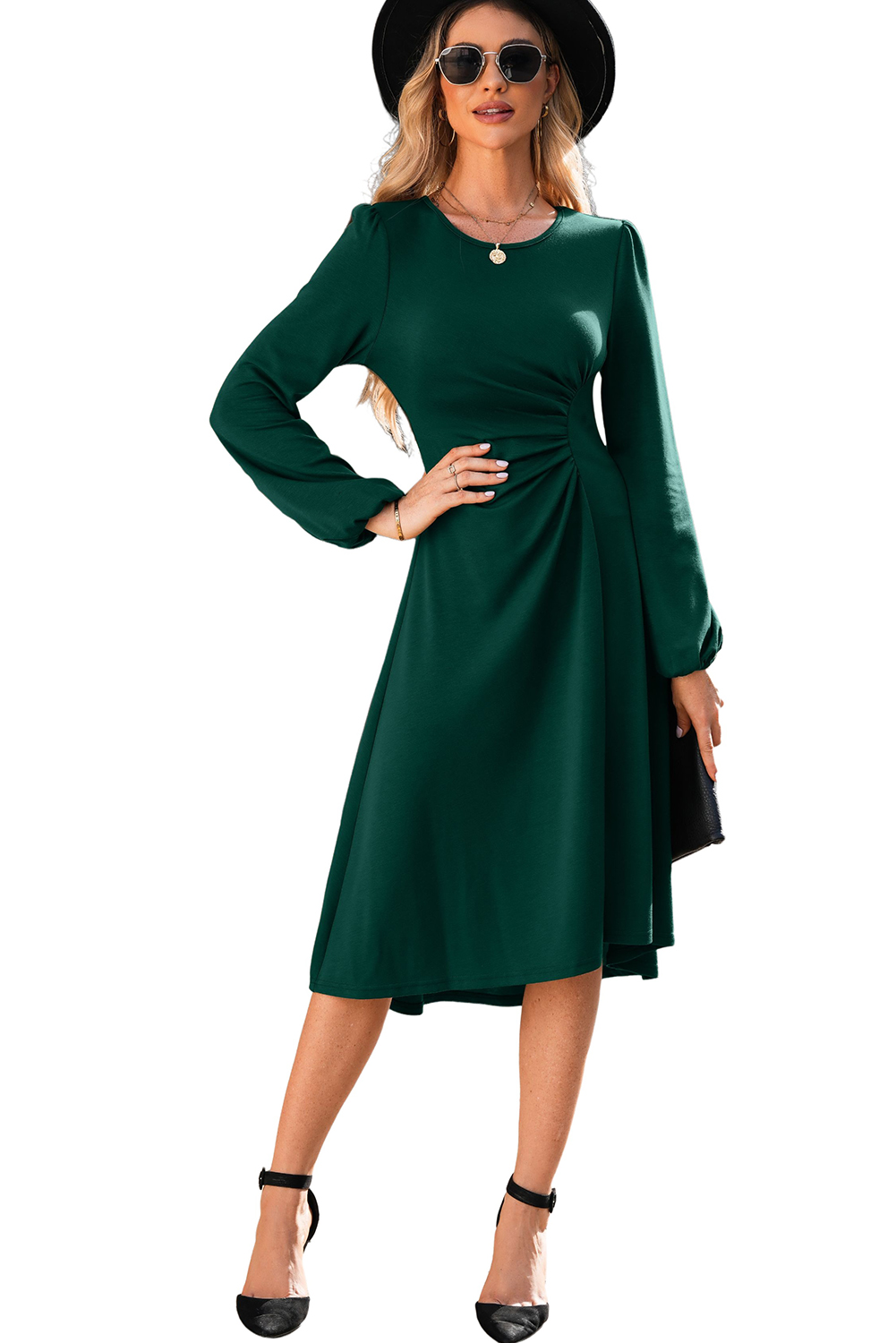 Chic Fit and Flare Long Sleeve Dress in Blackish Green - Perfect for Daily Wear - Detail View 14