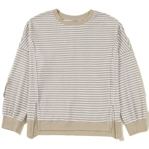 Plus Size Brown Stripe Long Sleeve Top - Breathable Knit with Ribbed Trim - Main View