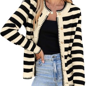 Chic Apricot Stripe Cardigan Sweater with Golden Buttons for Women - Main View