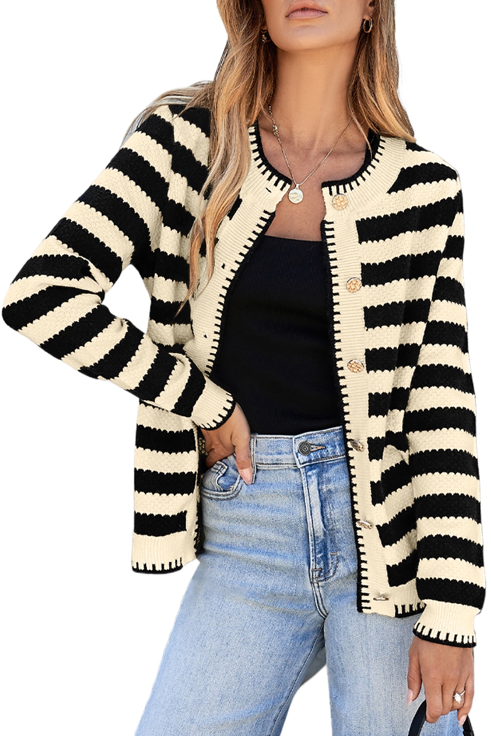 Chic Apricot Stripe Cardigan Sweater with Golden Buttons for Women - Main View