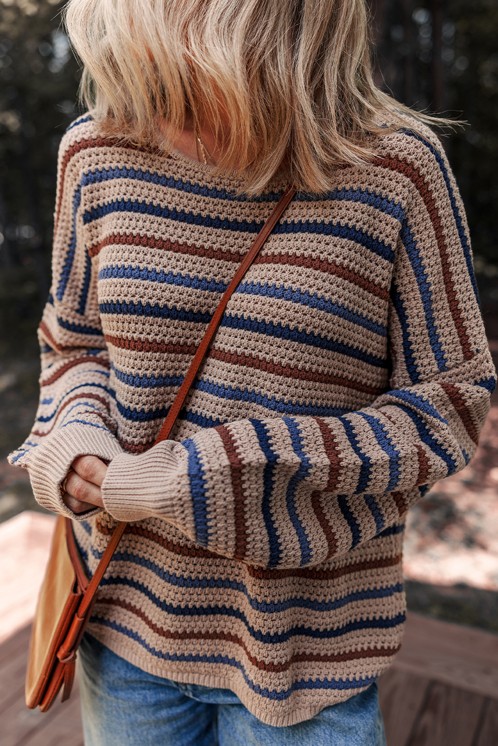 Casual Long Sleeve Striped Sweater - Relaxed Fit Drop Shoulder Design - Detail View 6