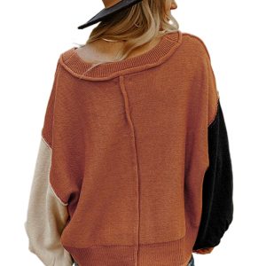 Women's Desert Gold Colorblock Raw Edge Bubble Sleeve V Neck Sweater - Main View