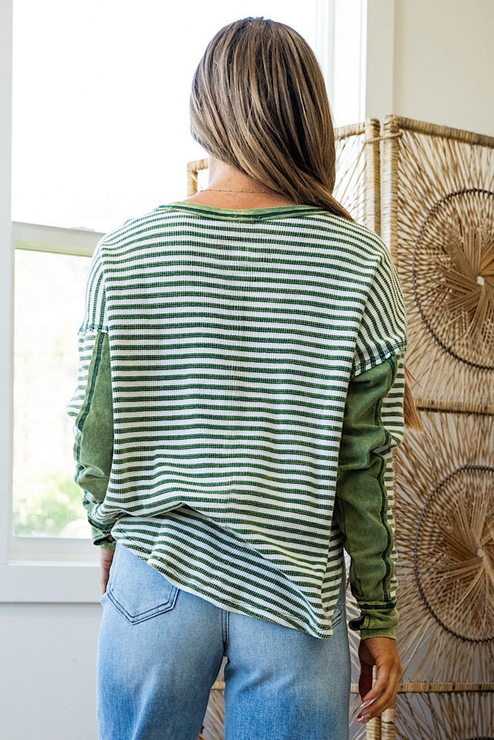 Cozy Long Sleeve Round Neck Top with Patchwork Design - Green Stripes - Detail View 2
