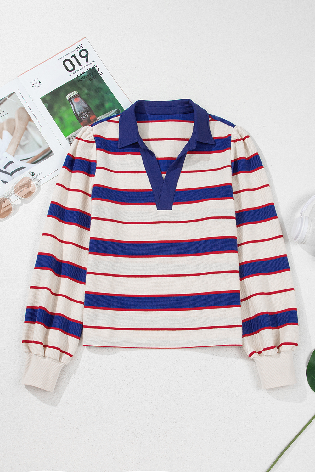 Comfortable Cotton Blend V Neck Sweatshirt with Striped Design - Perfect for Fall - Detail View 3
