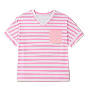 Women's Plus Size Pink Stripe Tee – Short Sleeve V Neck Colorblock Shirt with Pocket - Main View