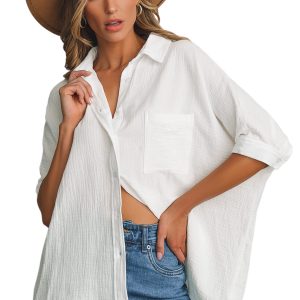 Women's Oversized White Textured Cotton Gauze Shirt with Single Chest Pocket - 3/4 Sleeve Casual Top - Main View