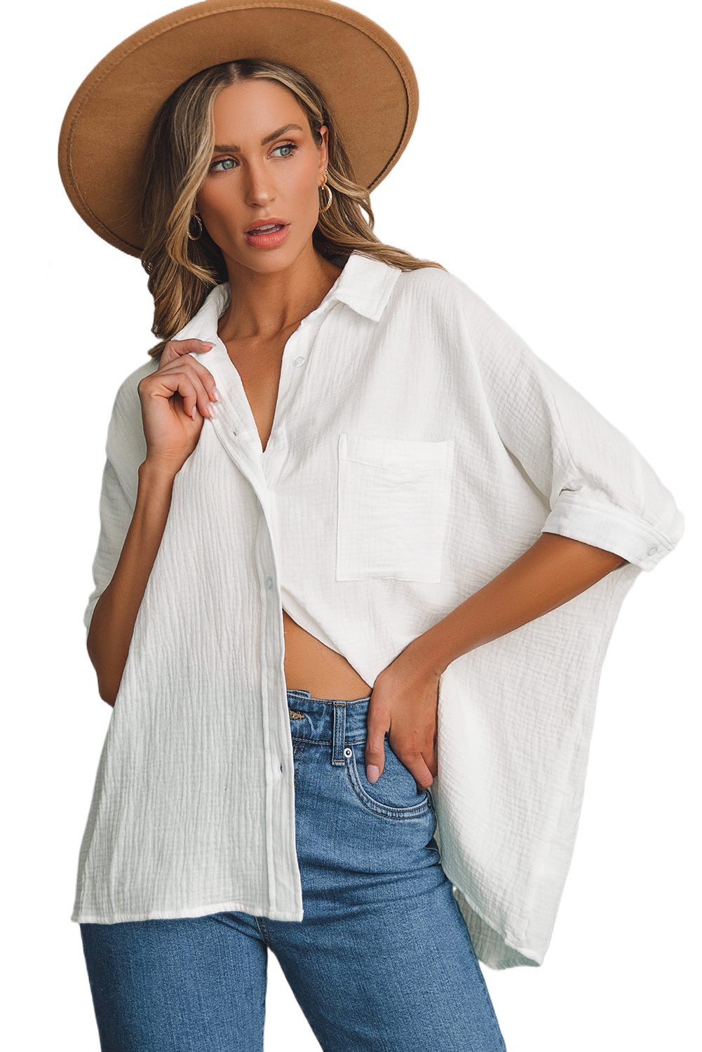 Women's Oversized White Textured Cotton Gauze Shirt with Single Chest Pocket - 3/4 Sleeve Casual Top - Main View
