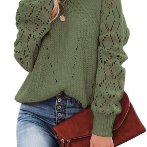 Women's Green Hollow-out Puffy Sleeve Knit Sweater - Stylish Fall Essential - Main View