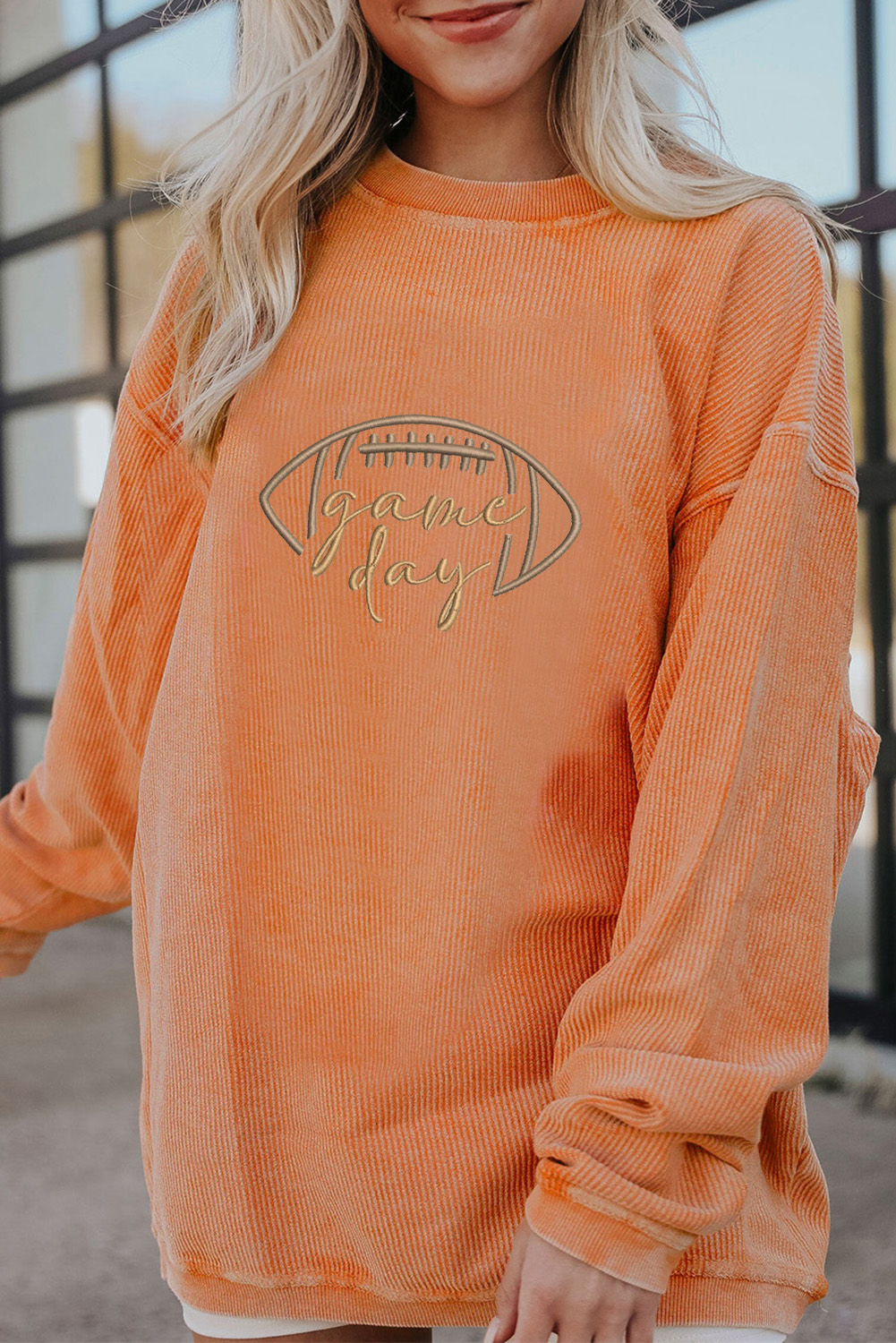 Stylish Orange Rugby Game Day Sweatshirt with Letter Embroidery - Detail View 2