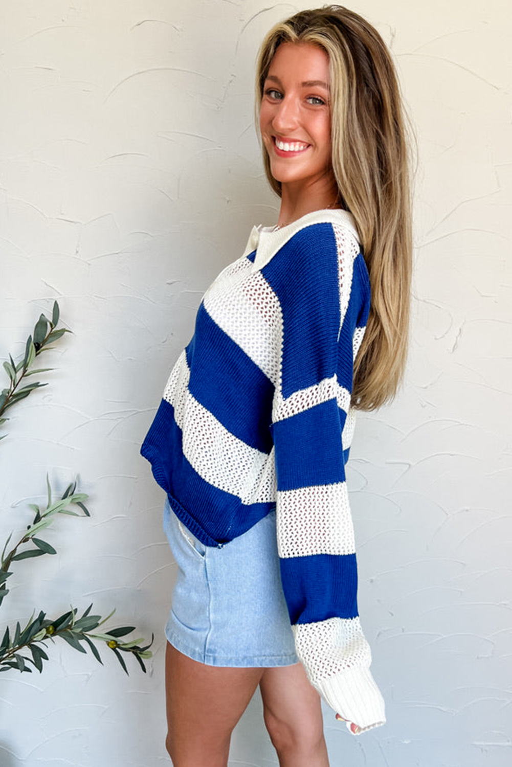 Women's Blue Stripe Colorblock Polo Collar Eyelet Crochet Knitted Sweater - Detail View 5