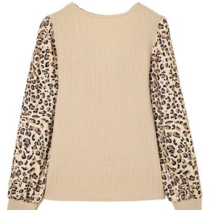 Women's Apricot Leopard Sleeve Patchwork Ribbed Knit U Neck Top - Casual Long Sleeve - Main View