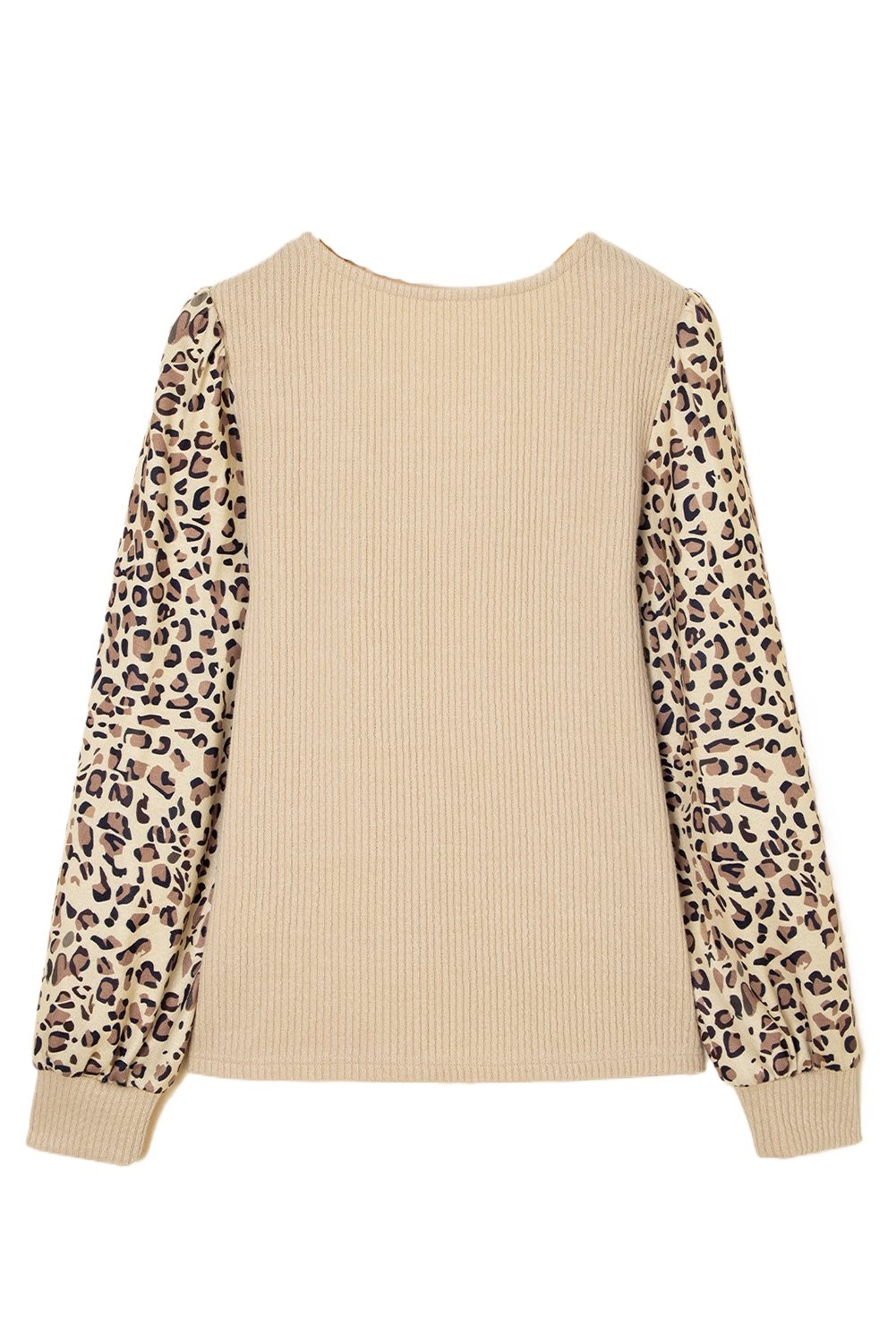 Women's Apricot Leopard Sleeve Patchwork Ribbed Knit U Neck Top - Casual Long Sleeve - Main View