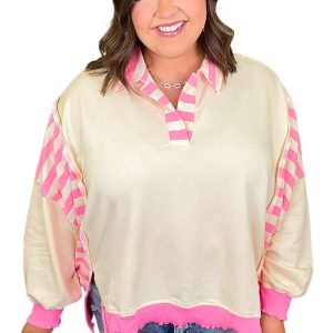 Plus Size Women's Pink Stripe Contrast Polo - Casual Fall Pullover for Everyday Wear - Main View