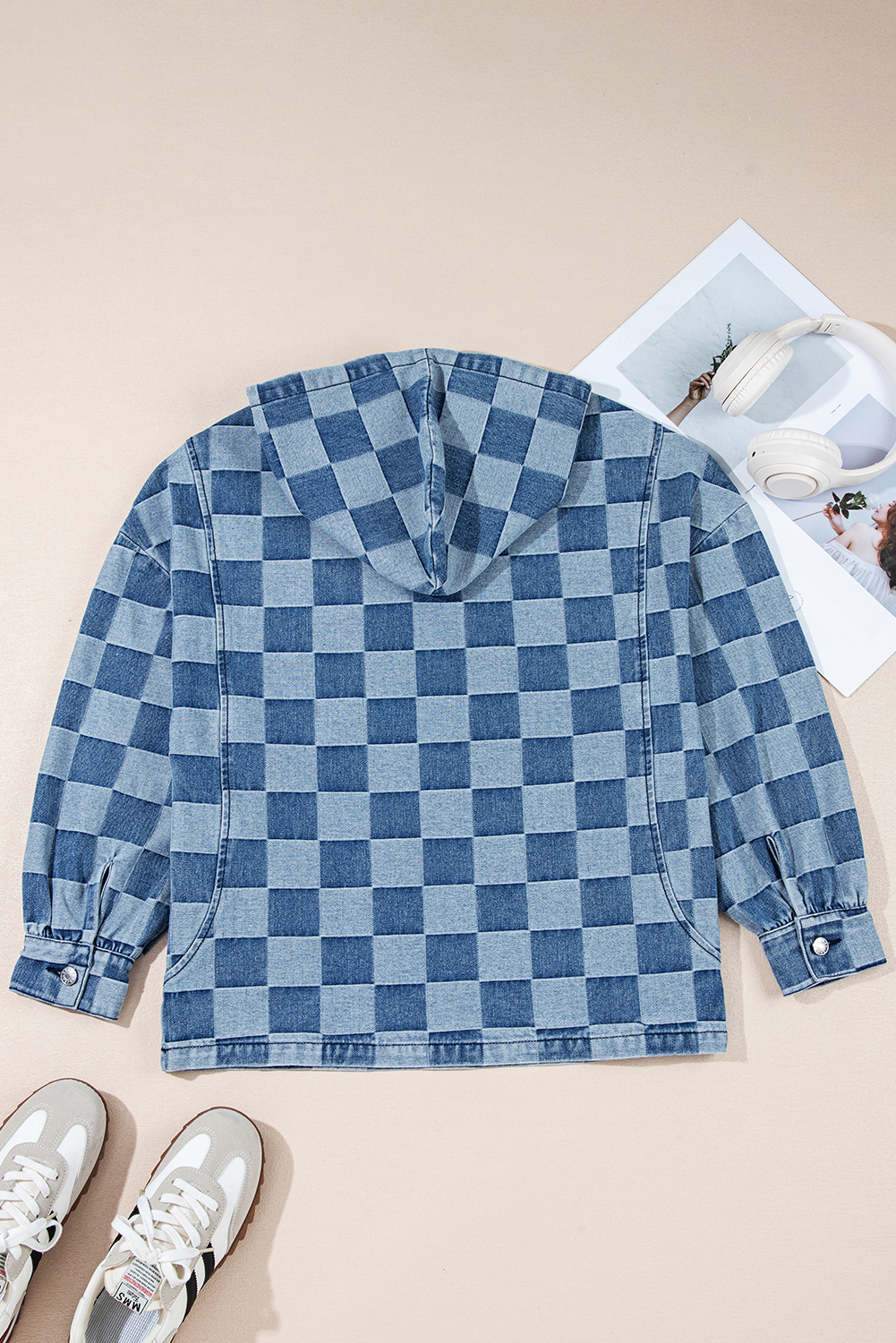 Sky Blue Checkerboard Zipped Neck Denim Hoodie with Kangaroo Pocket - Detail View 5