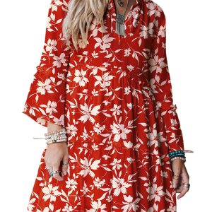 Women's Red Boho Floral Mini Dress with 3/4 Sleeves – Perfect for Casual Outings