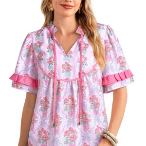 Women's Purple Floral Coquette Blouse – Ruffled Short Sleeve V-Neck Top with Bow Detail - Main View