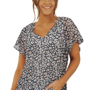 Women's Black Flutter Sleeve V Neck Floral Summer Blouse - Casual and Stylish - Main View
