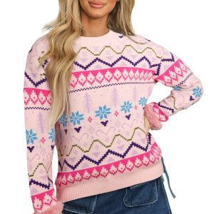 Women's Multicolour Ethnic Christmas Pattern Knit Sweater – Cozy Feather Cuffed Style for Festive Days - Main View