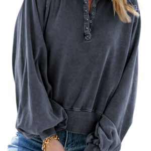 Stylish Blue Washed Pullover Sweatshirt with Snap Buttons and Lantern Sleeves - Main View