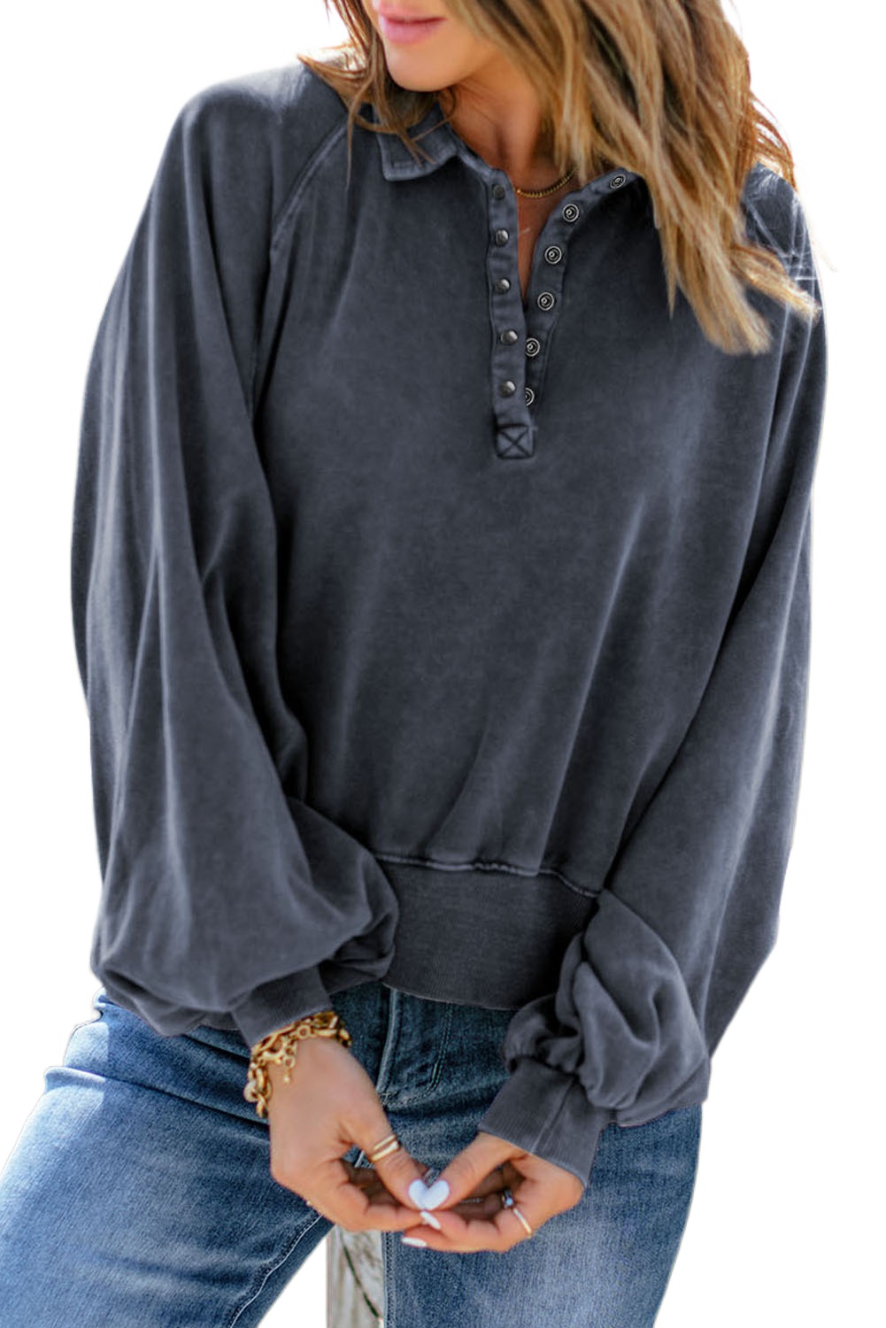 Stylish Blue Washed Pullover Sweatshirt with Snap Buttons and Lantern Sleeves - Main View