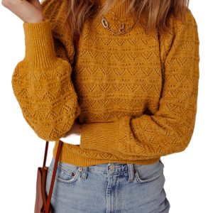 Women's Jurassic Gold Hollow Out Crochet Balloon Sleeve Sweater with Ribbed Mock Neck - Main View