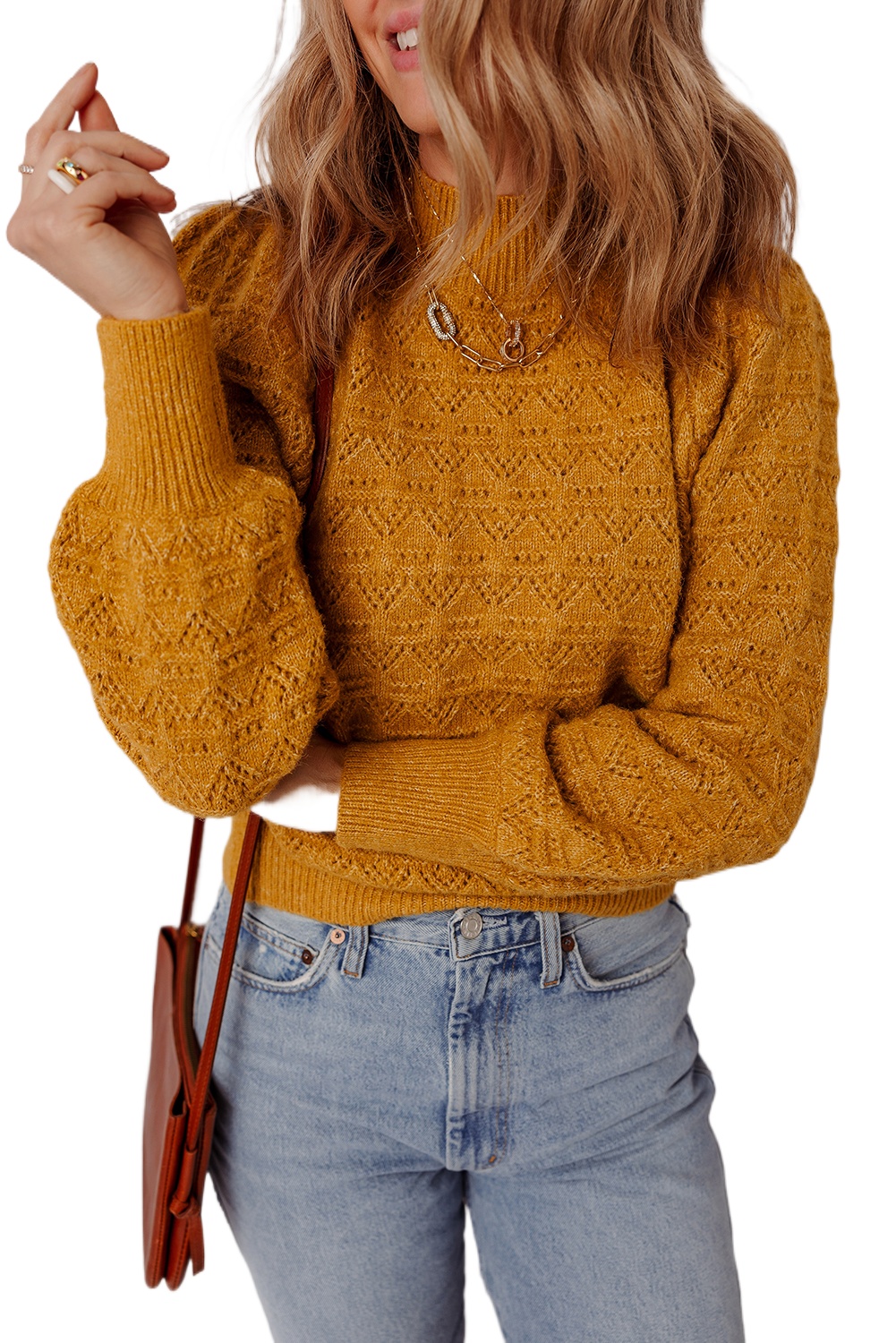 Women's Jurassic Gold Hollow Out Crochet Balloon Sleeve Sweater with Ribbed Mock Neck - Main View