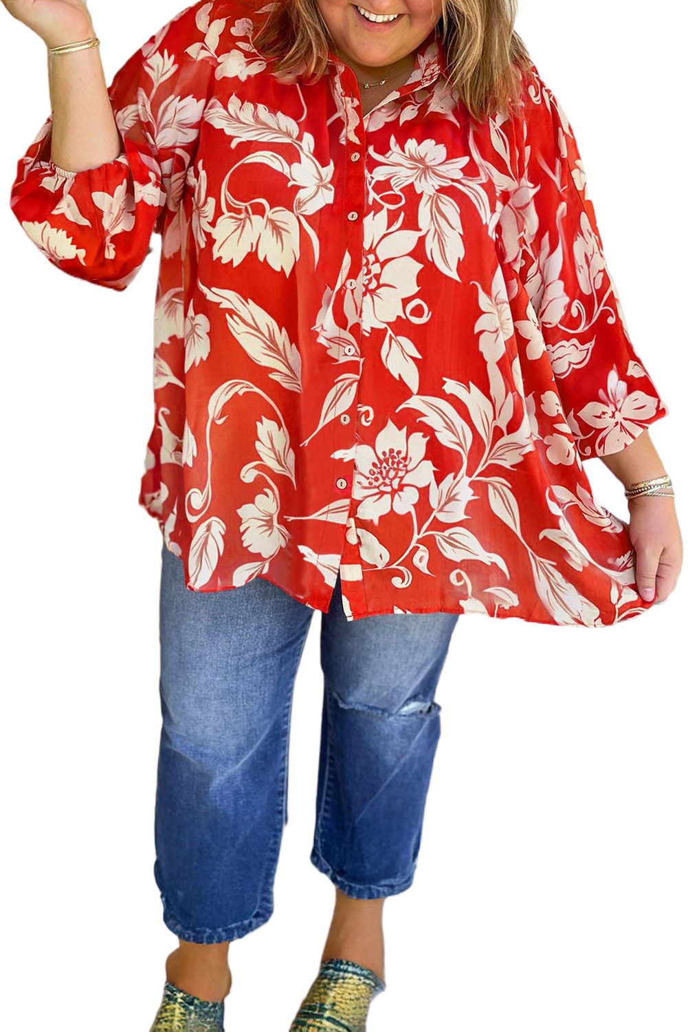 Chic Plus Size Floral Print Shirt in Red - Perfect for Daily Wear and Spring Style - Detail View 2