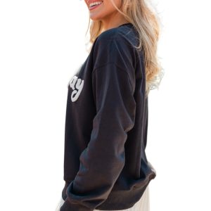 Women's Black Chenille Game Day Graphic Drop Shoulder Sweatshirt - Main View
