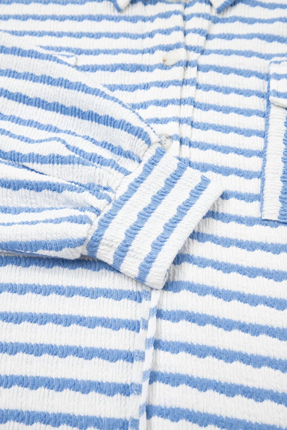 Casual Loose Fit Long Sleeve Blouse - Sky Blue Stripe with Round Neck - Detail View 10