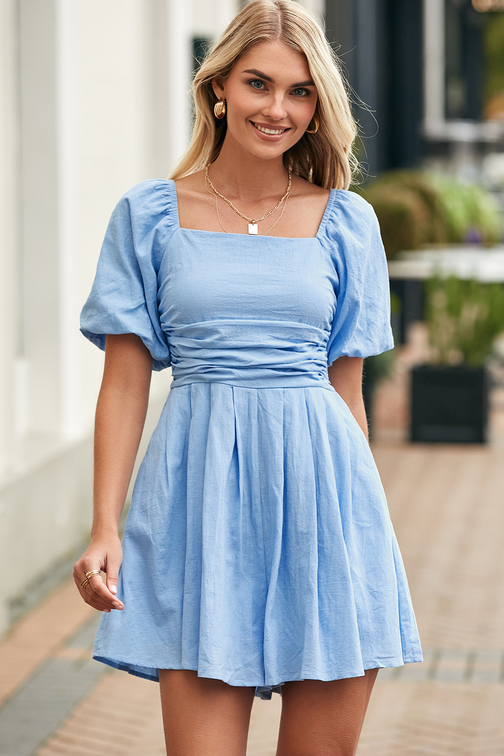 Summer Cotton Romper for Women – Solid Color Ruched Square Neck One-Piece with Puff Sleeves - Detail View 5