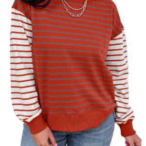 Women's Orange Striped Drop Shoulder Sweatshirt – Casual Long Sleeve Patchwork for Everyday Comfort - Main View